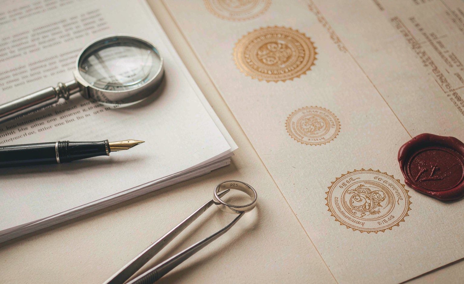 Quality certificates, test reports, magnifier and a 925 sterling silver ring on a desk