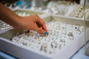 A full tray of 925 sterling silver rings representing minimum order quantity of 10 pieces
