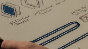 Hand-written jewelry design sketch with material annotations