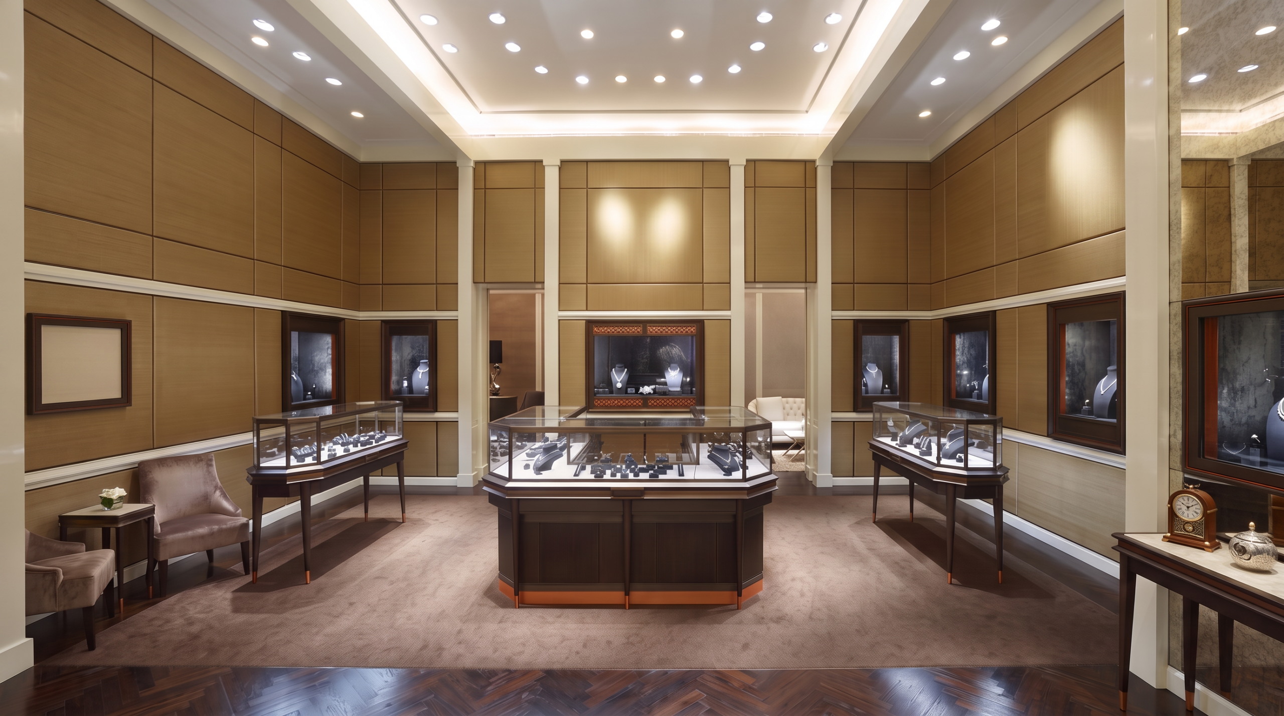 Elegant silver jewelry showroom with glass display cabinets