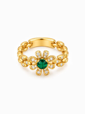Wholesale 925 Sterling Silver Daisy Emerald Chain Ring