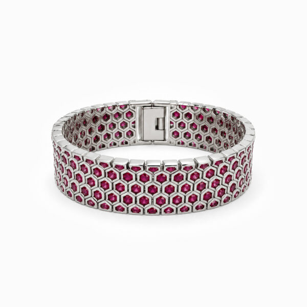 Wholesale 925 Sterling Silver Honeycomb Red Zircon Wide Bracelet