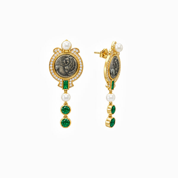Wholesale 925 Sterling Silver Lion Coin Pearl Emerald Tassel Earrings