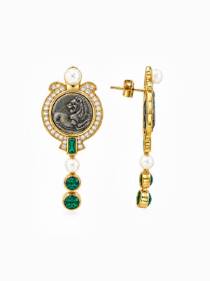 Wholesale 925 Sterling Silver Lion Coin Pearl Emerald Tassel Earrings