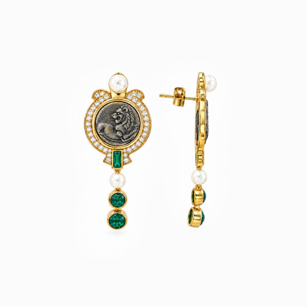 Wholesale 925 Sterling Silver Lion Coin Pearl Emerald Tassel Earrings